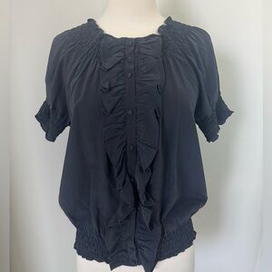Joie ~ Black Silk Cinched Ruffled Button Up Shortsleeve top Size XS